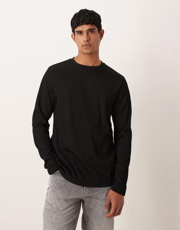 エイソス メンズ トップス Tシャツ ASOS DESIGN long sleeve tshirt texture Black ブラック