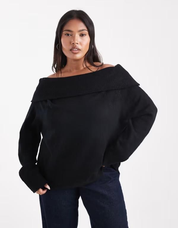 ブレーブソウル レディース アウター ニット・セーター プラスサイズ セーター Brave Soul Plus off the shoulder sweater Black ブラック