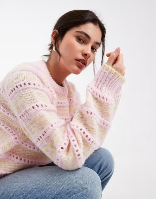 ピーシーズ レディース アウター ニット・セーター Pieces pointelle knit sweater and pale yellow PinkABoo ピンク