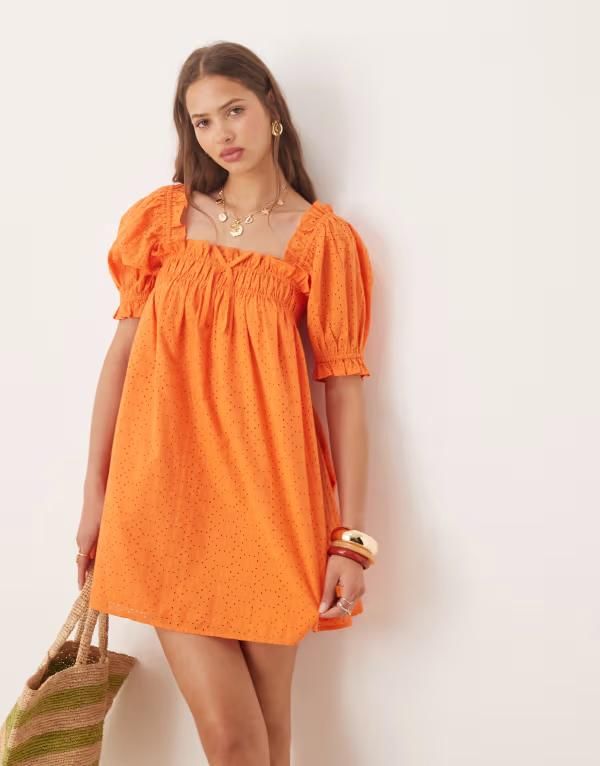 ミスセルフフリッジ レディース トップス ワンピース Miss Selfridge eyelet smock dress in orangeオレンジ 15,584円