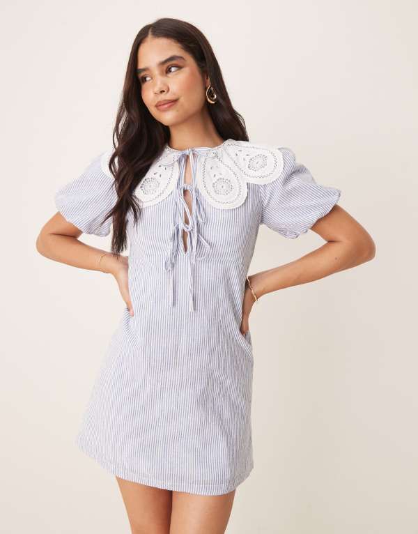 ノーバディーズ チャイルド レディース トップス ワンピース ミニ Nobodys Child Bessie scallop collar detail mini smock dress pinstr