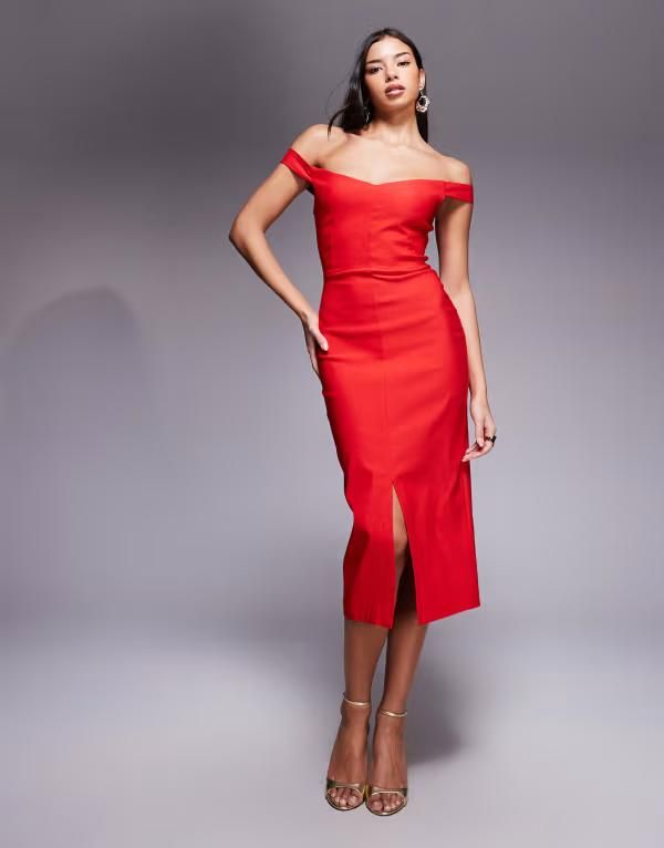ベスパー レディース トップス ワンピース ミディ Vesper bengaline bardot sweetheart neckline split front midi dress RED レッド 14,785円