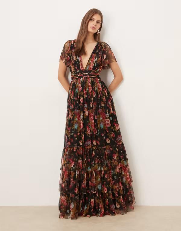 レース アンド ビーズ レディース トップス ワンピース フラワー柄 プリント マキシ フラワー Lace Beads Bridesmaid Madison flutter sleeve maxi d