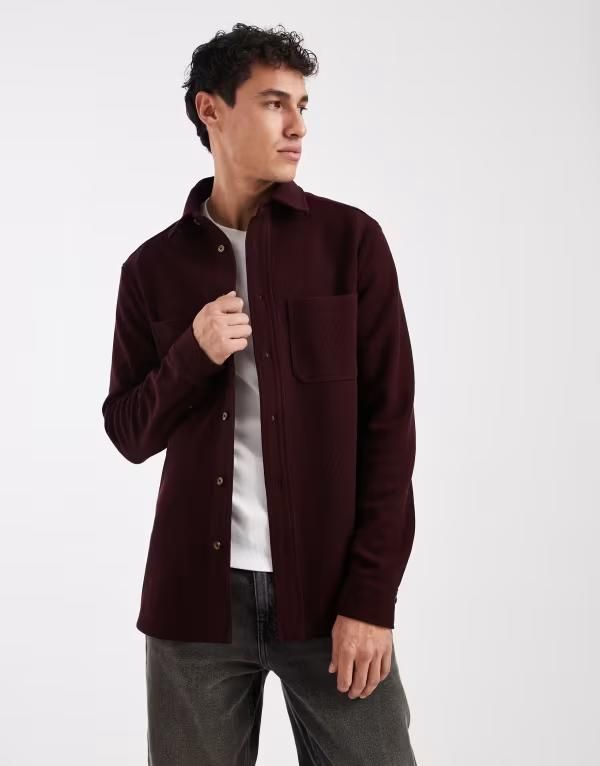 エイソス メンズ トップス シャツ レギュラーフィット ASOS DESIGN regular fitextured shirt Burgundy バーガンディ