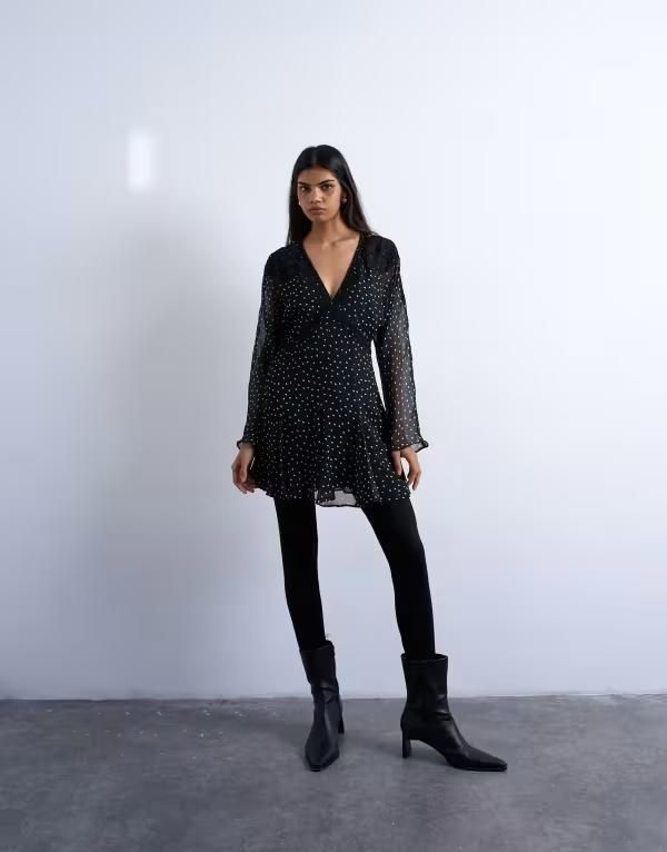 トップショップ レディース トップス ワンピース レーストリム ドット ミニ レース Topshop long sleeve lace trim mini day dress and white po