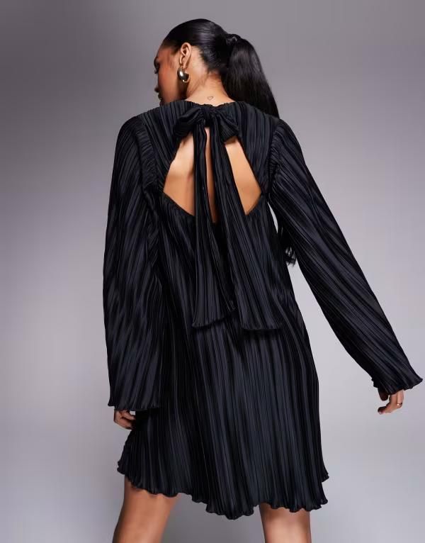 エイソス レディース トップス ワンピース ミニワンピース ミニ ASOS DESIGN plisse wide sleeve mini dress with back bow detail Blac