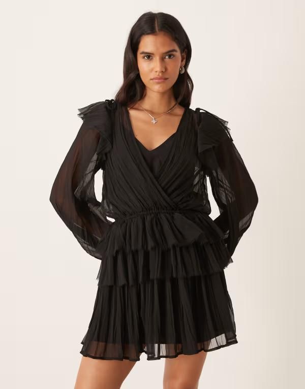 エイソス レディース トップス ワンピース Vネック ミニワンピース フリル ミニ ASOS DESIGN Vneck smock mini dress with ruffles Black ブラック
