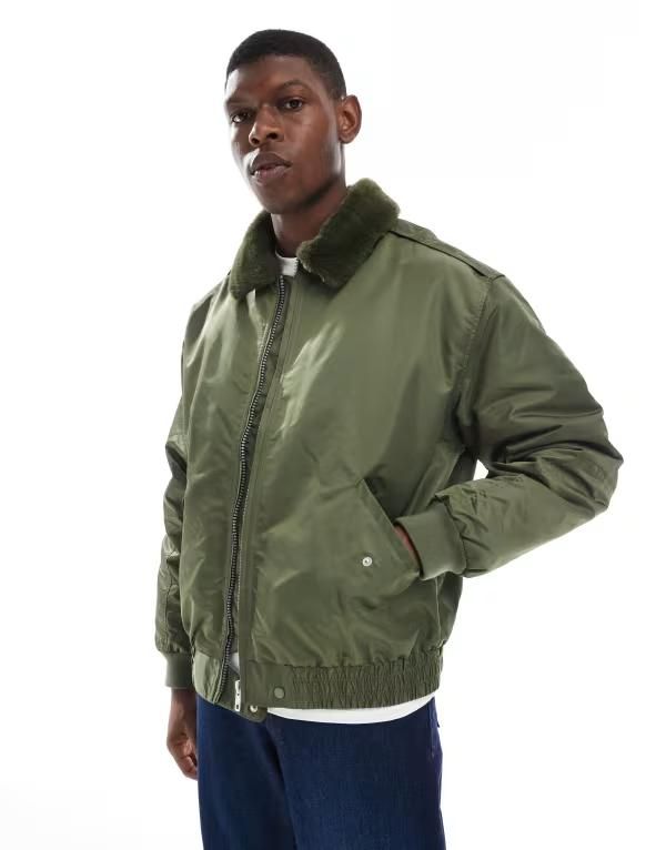 エイソス メンズ アウター ジャケット・ブルゾン ジャケット ASOS DESIGN bomber jacket with faux fur collar Khaki カーキ