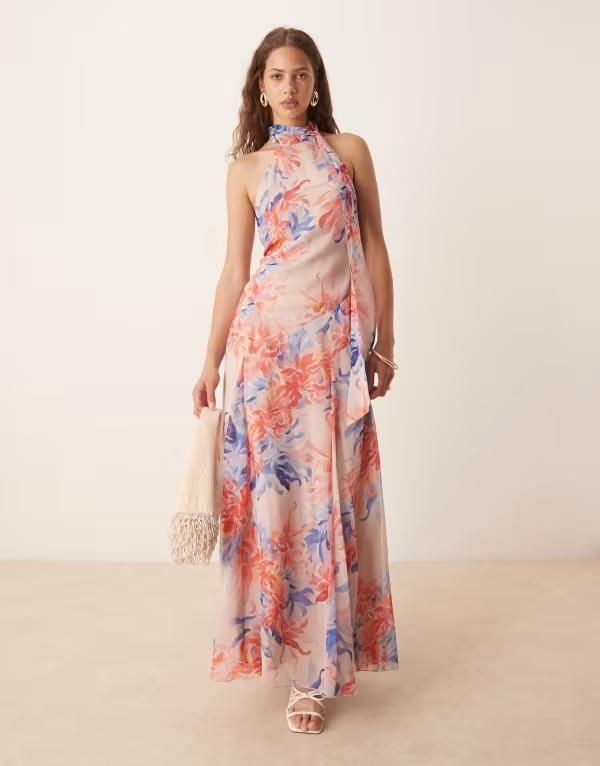 エイソス レディース トップス ワンピース シフォン マキシワンピース フラワー柄 マキシ フラワー ホルター ASOS DESIGN chiffon halter dropped waist max