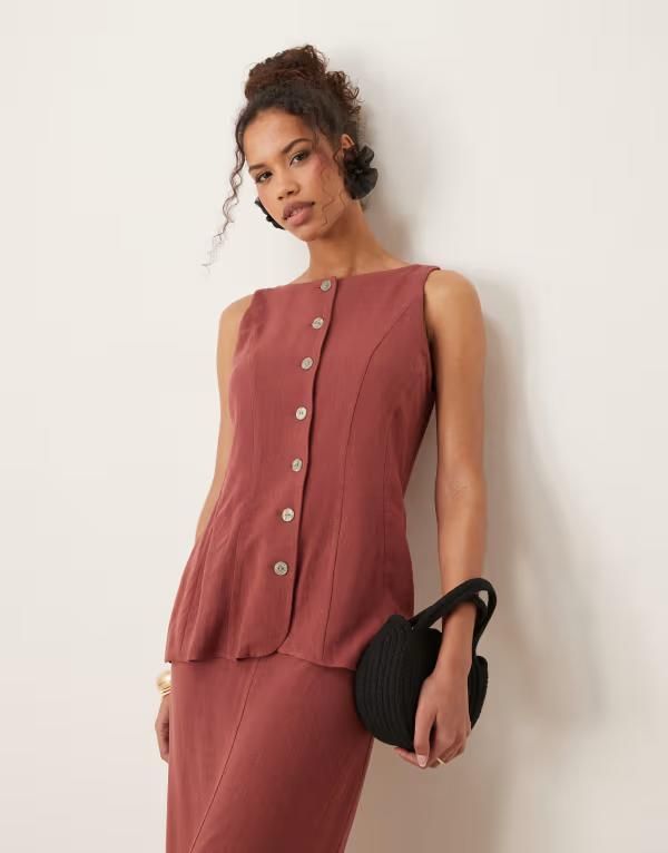 エイソス レディース トップス ワンピース ミディワンピース ミディ ベスト リネン ASOS DESIGN linen vest detail midi dress in apple butter