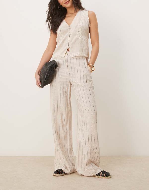 エイソス レディース ボトムス カジュアルパンツ ストレート パンツ リネン ASOS DESIGN relaxed straight leg pants with linen in natural 8,986円
