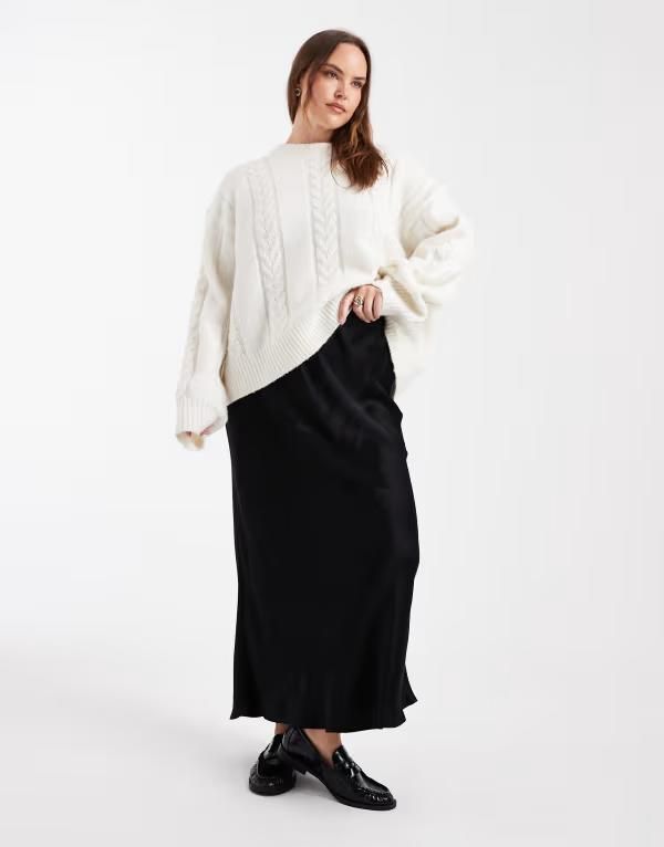 エイソス レディース ボトムスカート サテン マキシ ASOS Curve ASOS DESIGN Curve satin bias maxi skirt Black ブラック