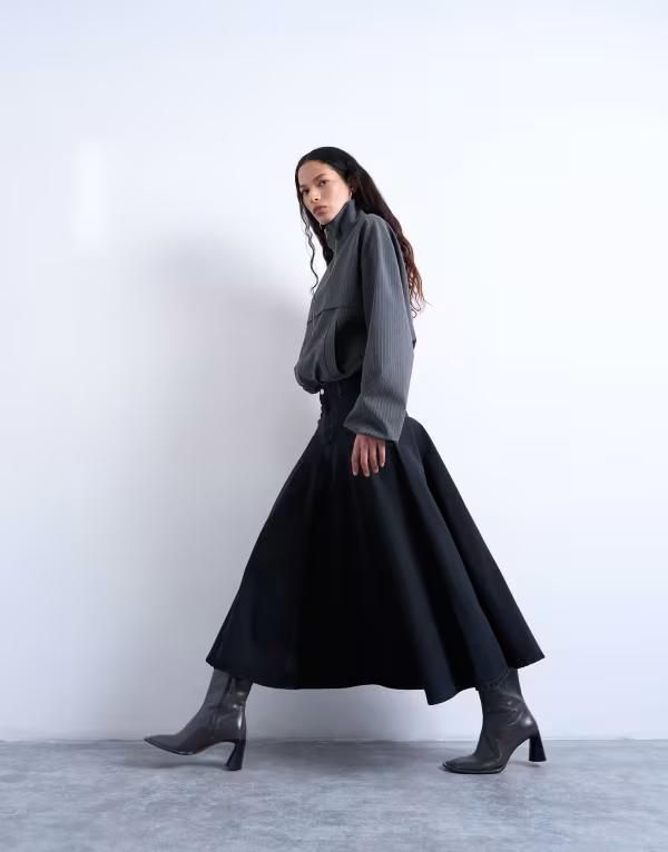トップショップ レディース ボトムスカート デニム マキシ Topshop denim yoke front maxi skirt in washed BLACK ブラック