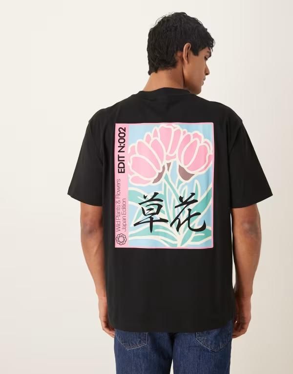エイソス メンズ トップス Tシャツ グラフィック ASOS DESIGN relaxed Tshirt with color block flower graphic Black ブラック