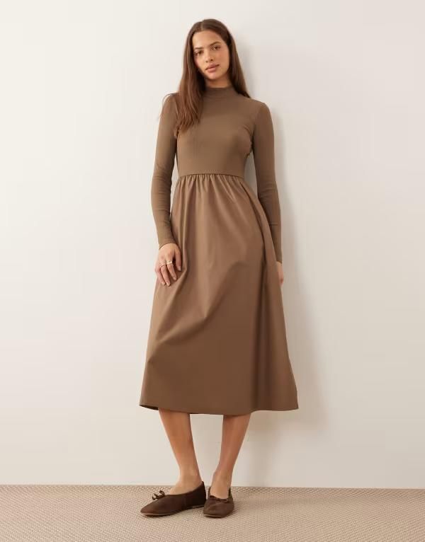 スリードベア レディース トップス ワンピース ハイネック ミディ ジャージー Threadbare high neck jersey poplin mix midi dress in mocha モ