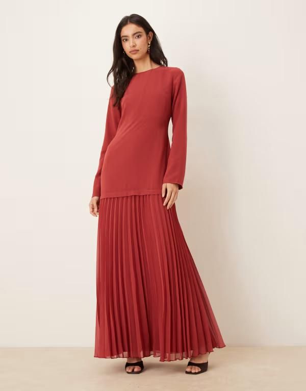 エイソス レディース トップス ワンピース プリーツスカート プリーツ スカート マキシ ASOS DESIGN long sleeve pleated skirt maxi dress in dee