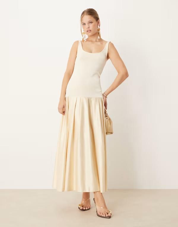 エイソス レディース トップス ワンピース ミディワンピース ミディ サテン スカート ASOS DESIGN scoop neck drop waist midi dress with satin