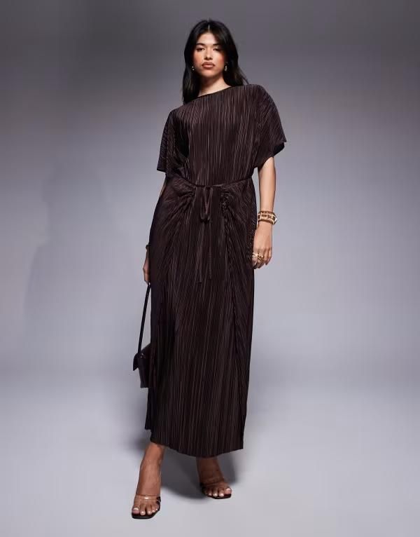 エイソス レディース トップス ワンピース マキシワンピース マキシ ASOS DESIGN plisse short sleeve wrap tie maxi dress in chocolate