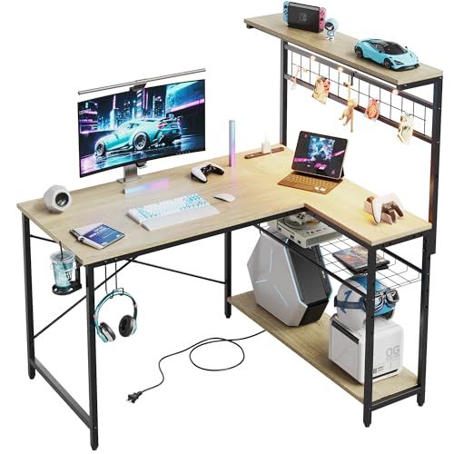 Bestier l字デスク パソコンデスク 幅107cm コンセント付き USB-C対応 ゲーミングデスク LEDライト付き 机 pcデスク l字型 収納 ラック付き 壁面収納 勉強机 学習机 在宅勤務 小さめ オークｍａ 15,705円