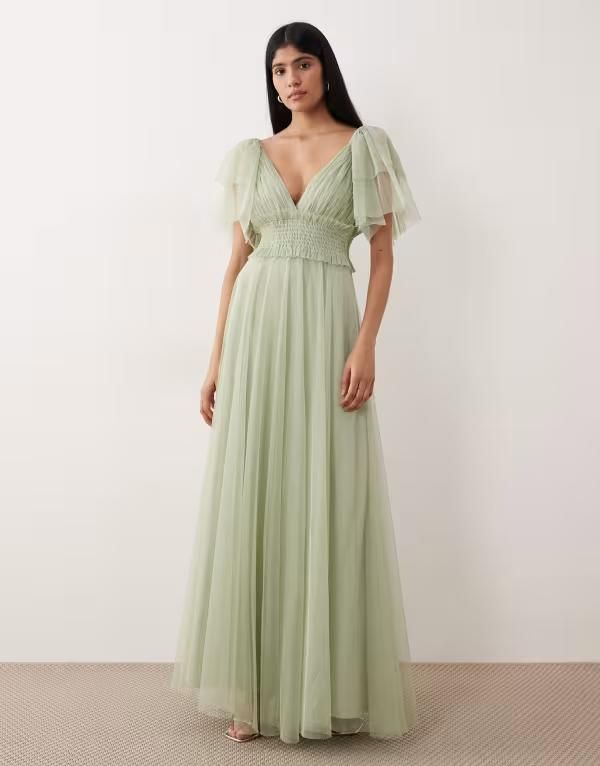 レース アンド ビーズ レディース トップス ワンピース チュール マキシ Lace Beads Bridesmaid tulle flutter sleeve shirred waist maxi