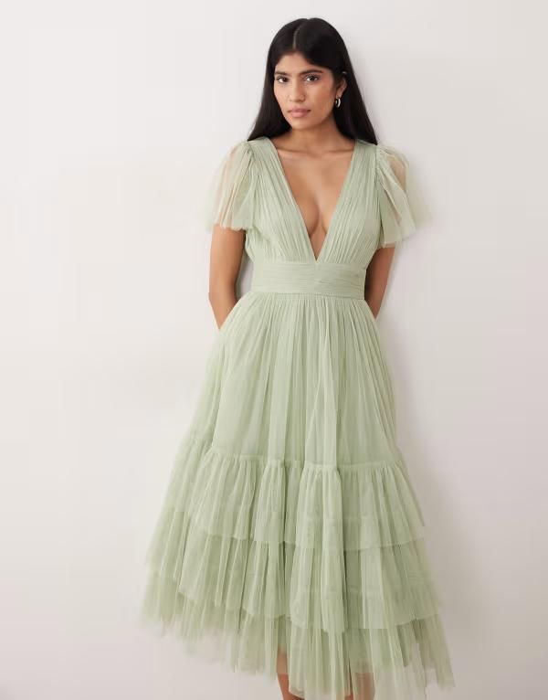 レース アンド ビーズ レディース トップス ワンピース Vネック チュール ミディ Lace Beads Bridesmaid tulle v neck midi dress in sage Gre
