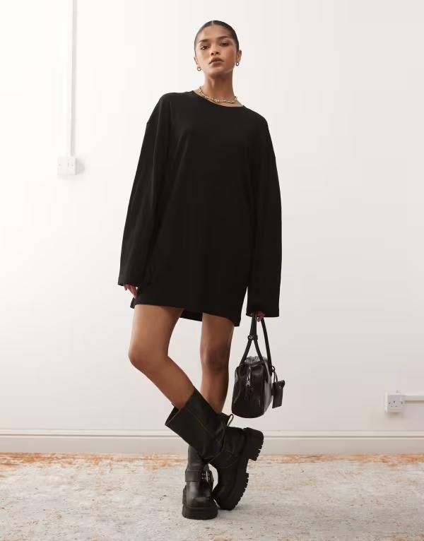 ウィークデイ レディース トップス ワンピース Tシャツ Weekday oversized long sleeve Tshirt dress Black ブラック
