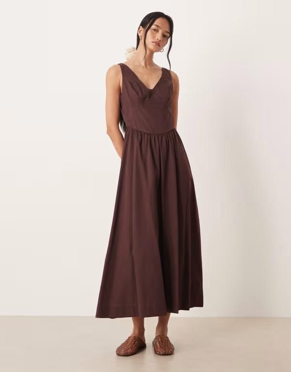 エイソス レディース トップス ワンピース Vネック マキシ ASOS DESIGN waisted vneck maxi sundress with seaming details in choco
