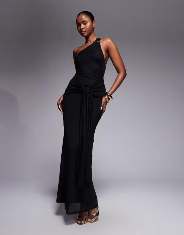 エイソス レディース トップス ワンピース メッシュ ワンショルダー マキシ ASOS DESIGN oneshoulder mesh with tie front maxi dress Black
