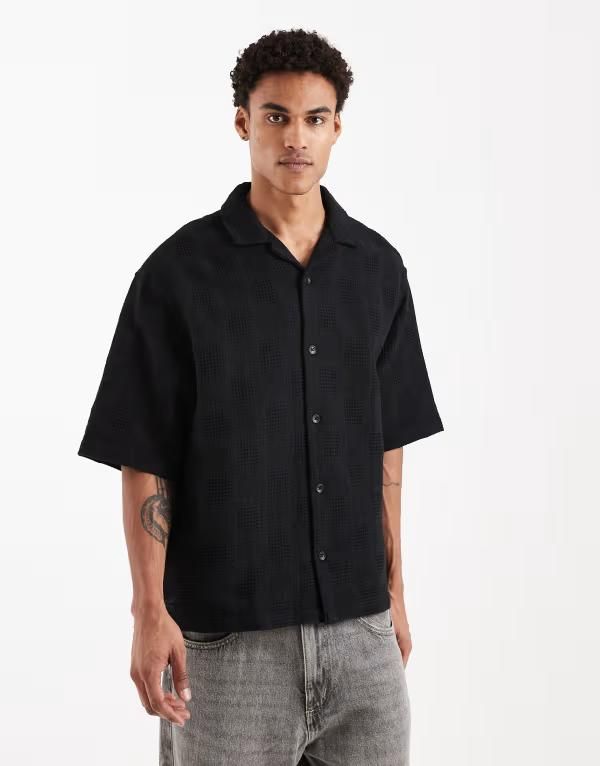 エイソス メンズ トップス シャツ ASOS DESIGN oversized half sleeve camp collar grid textured shirt Black ブラック 13,675円