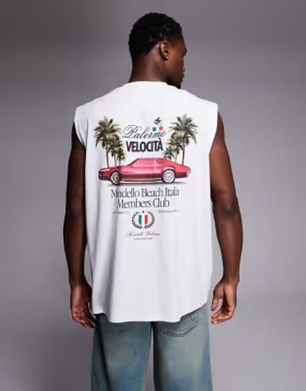 エイソス メンズ トップス ベスト グラフィック ASOS DESIGN oversized tank top with Italia car graphic WHITE ホワイト