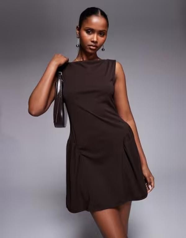 エイソス レディース トップス ワンピース ミニ ノースリーブ ASOS DESIGN sleeveless dropped waist mini dress in chocolate チョコレート