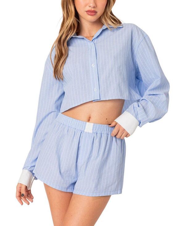 アディクテッド レディース トップス シャツ クロップド Edikted Lea Cropped Button Up Shirt Light Blue ブルー