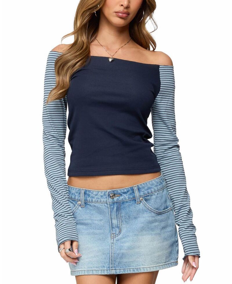 アディクテッド レディース トップス シャツ コントラスト Edikted Rion Contrastriped Off Shoulder Top Navy ネイビー