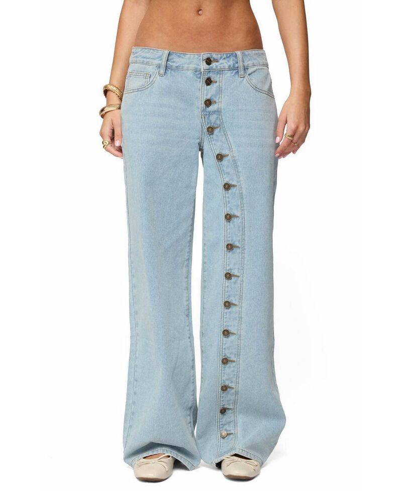 アディクテッド レディース ボトムス デニムパンツ ローライズ ジーンズ Edikted Adison Button Low Rise Baggy Jeans LightBlue ブルー