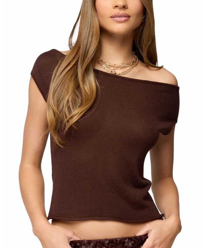 アディクテッド レディース トップス シャツ Edikted Holly Glitter Off Shoulder Top DarkBrown ブラウン
