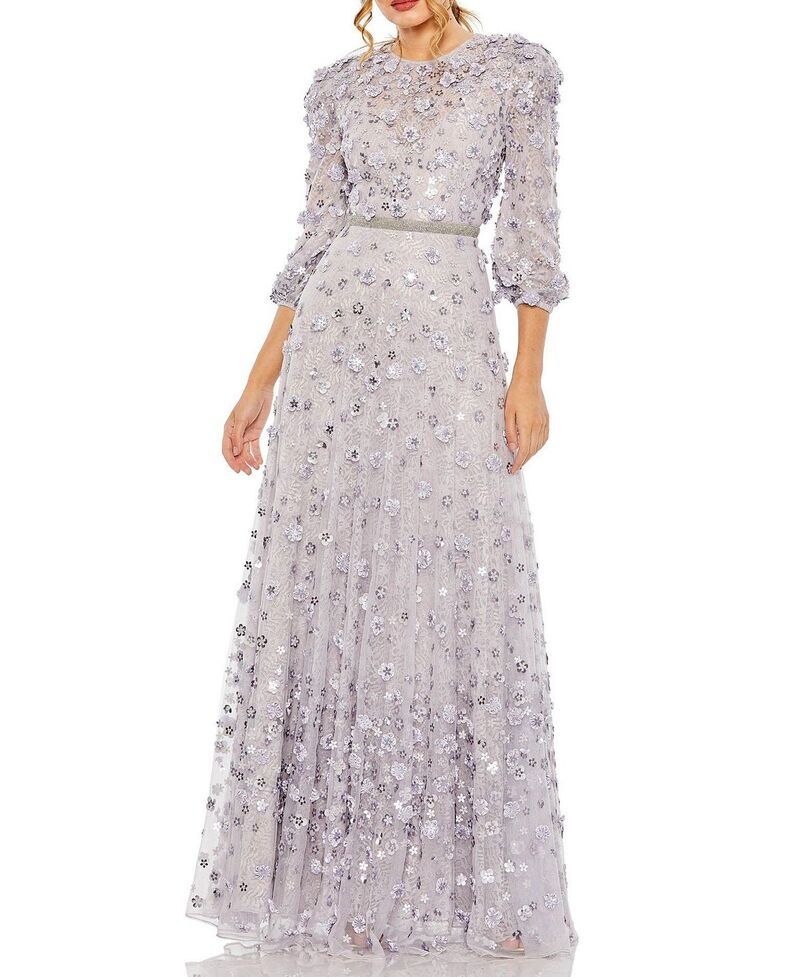 マックダガル レディース トップス ワンピース A ライン ハイネック フラワー柄 フラワー Mac Duggal Floral Applique Puff Sleeve High Neck ALin