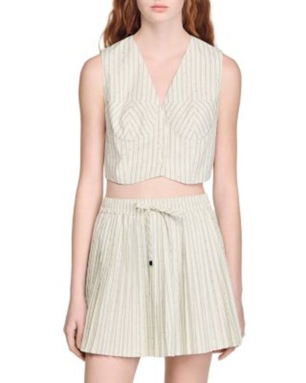 サンドロ レディース トップス シャツ Sandro Striped Rhinestone Crop Top Ecru エクリュ