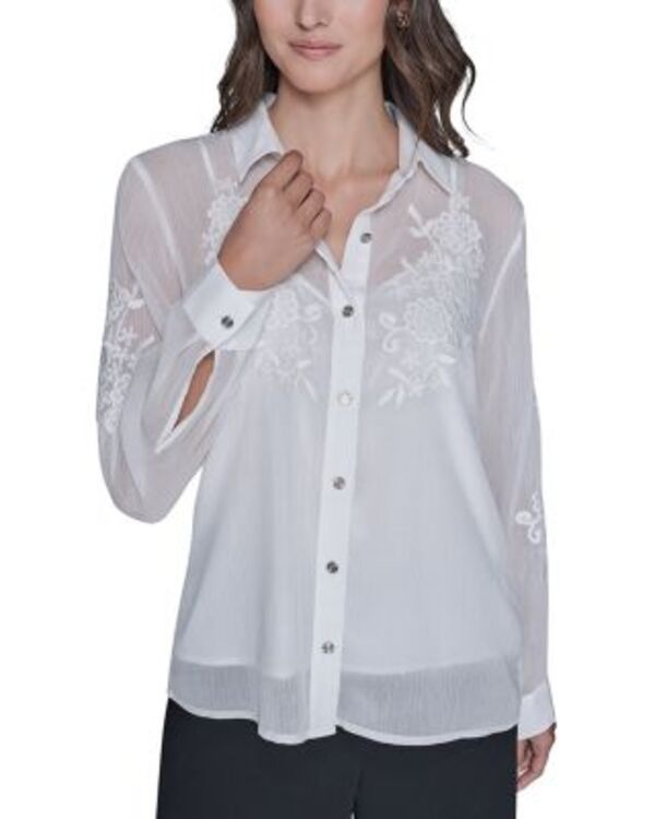 カール ラガーフェルド レディース トップス シャツ 刺繍 ブラウス KARLAGERFELD PARIS Long Sleevembroidered Flower Blouse Soft White