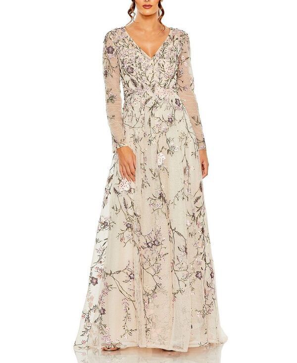 マックダガル レディース トップス ワンピース Vネック 刺繍 Mac Duggal V Neck Long Sleevembroidered Gown Blush ブラッシュ