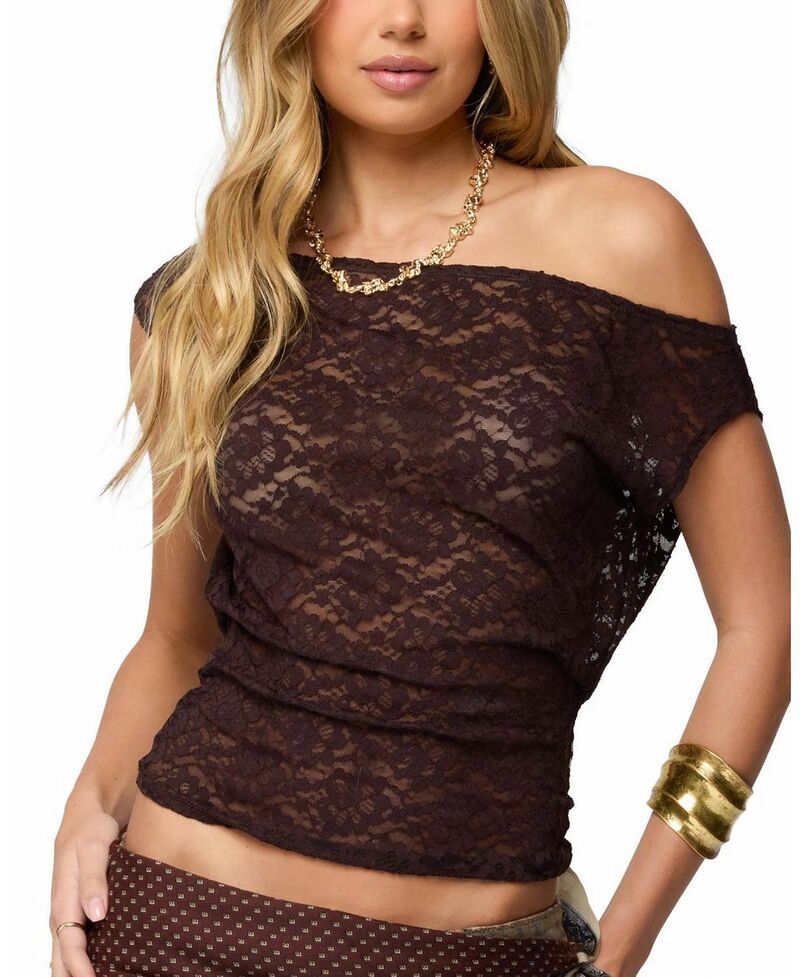 アディクテッド レディース トップス シャツ シアー レース Edikted Kessa Sheer Lace Off Shoulder Top Brown ブラウン