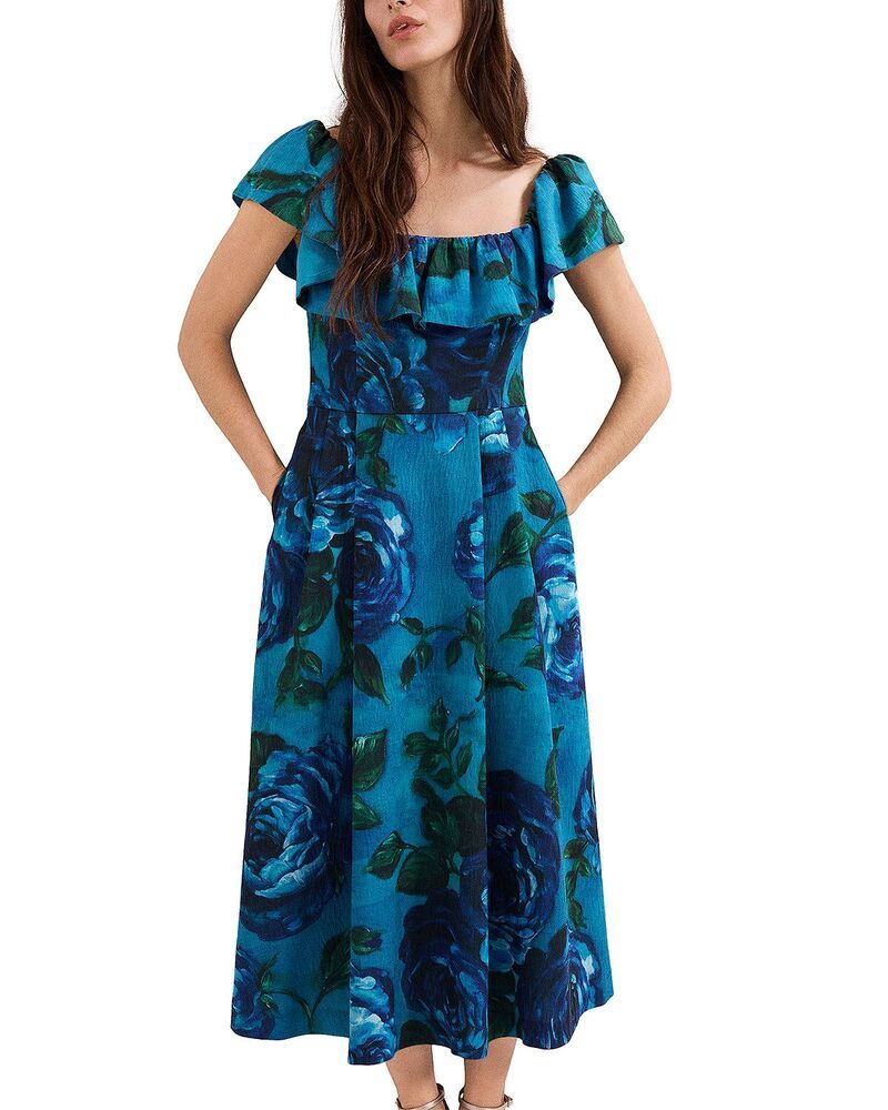 フェイズ・エイト レディース トップス ワンピース フラワー柄 フリル ミディ フラワー Phaseight Brianne Blue Floral Ruffle Midi Dress Blue ブル