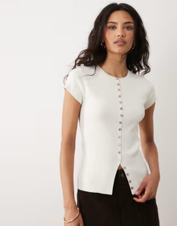 マンゴ レディース トップス シャツ ニット Mango button up knit short sleeve top WHITE ホワイト