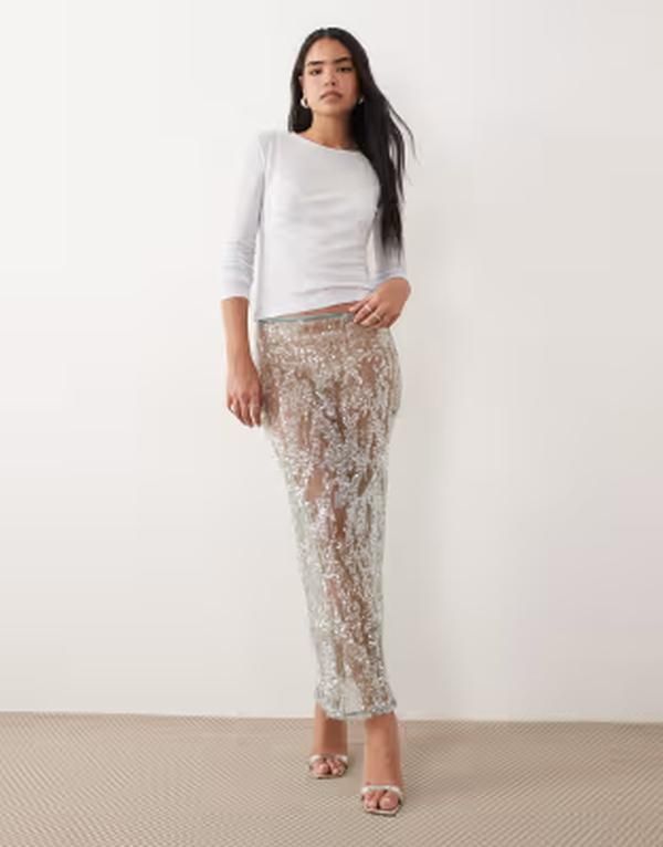 エイソス レディース ボトムスカート メッシュ シアー スパンコール マキシ ASOS DESIGN sheer sequin mesh maxi skirt in mint ミント