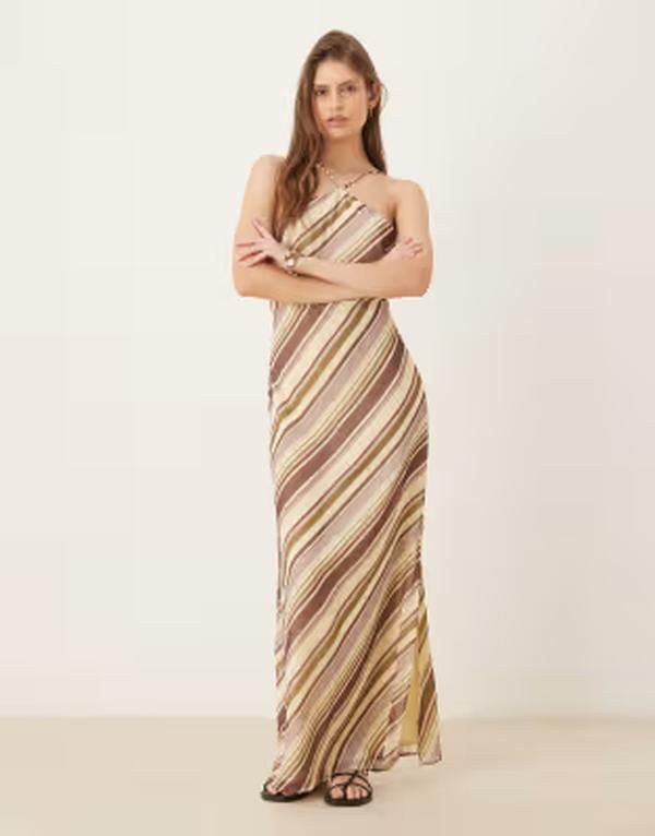 エイソス レディース トップス ワンピース シフォン マキシ ホルター ASOS DESIGN halter neck chiffon maxi dress in multi stripes Mult