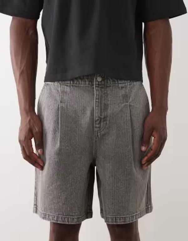 エイソス メンズ ボトムス ハーフパンツ・ショーツ デニム ASOS DESIGN mid length denim striped jorts with pleats Gray グレー