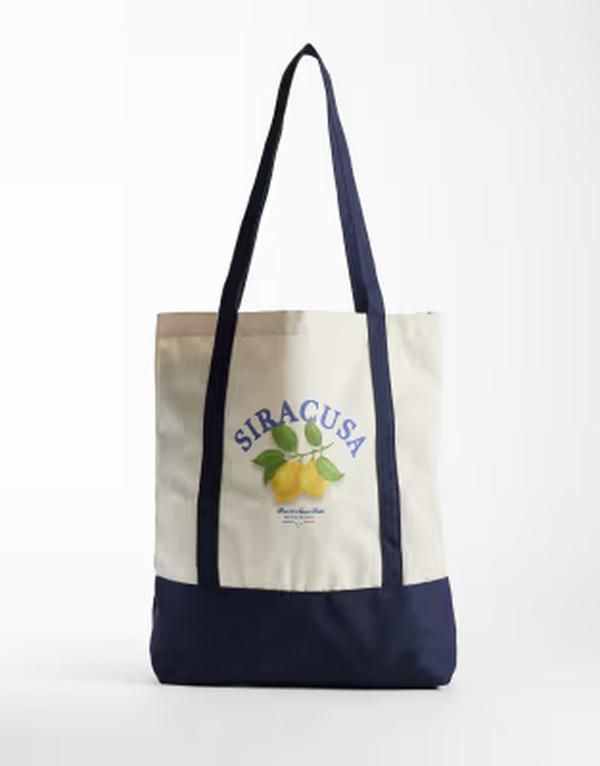 ジャック アンド ジョーンズ メンズ バッグ プリント Jack Jones canvas tote bag with lemon print Beige Lemon ベージュ