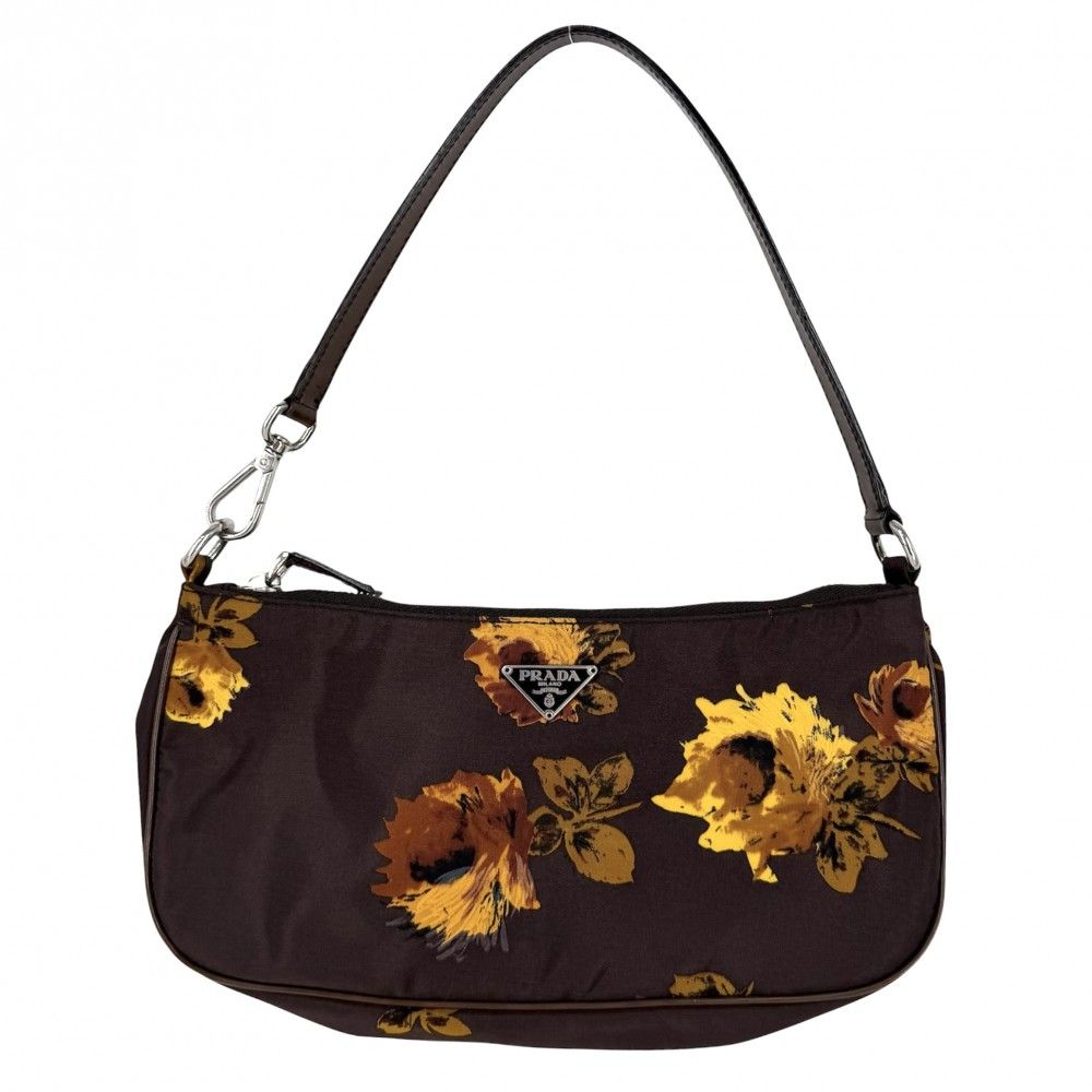 プラダ ハンドバッグ レディース 花柄 フラワー ワンハンドバッグ 肩掛け PRADA ナイロン レザー ブラウン 茶 イエロー シルバー金具【中古品】 51,000円