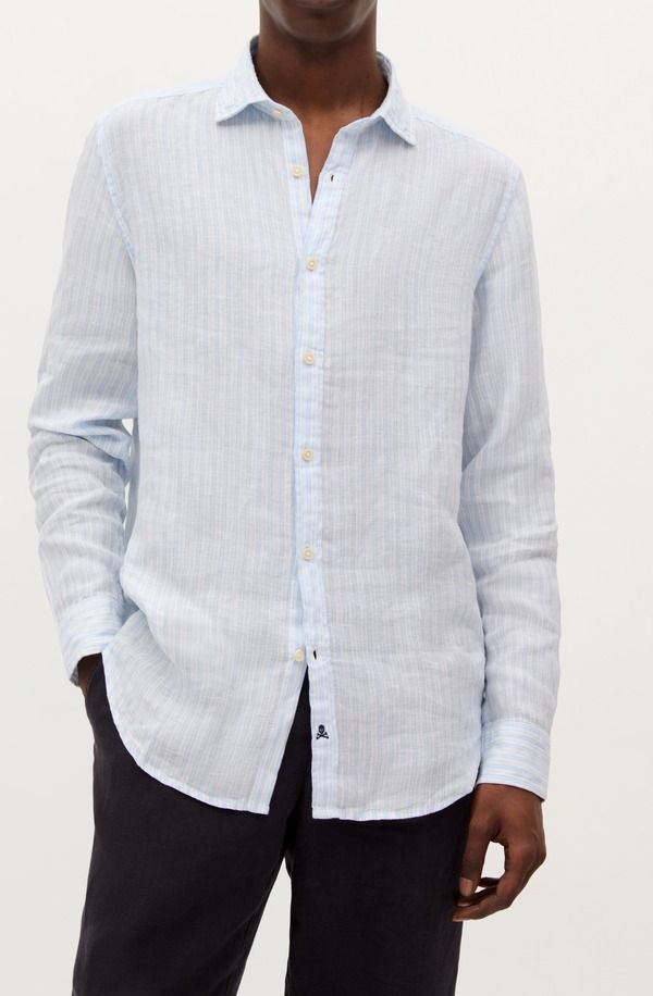 スカルパーズ メンズ トップス Tシャツ リネン Scalpers New Fancy Linen Shirt Sky blue Stripes スカイブルー