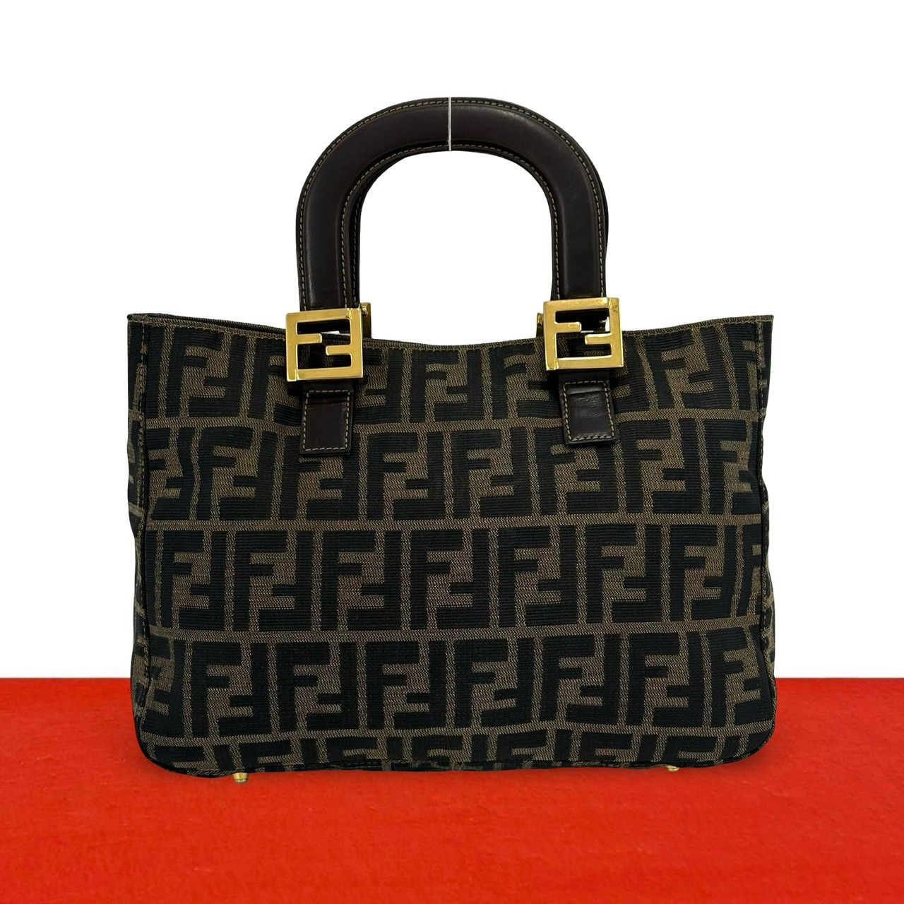 極 美品 FENDI フェンディ ズッカ FF 柄 ロゴ 金具 キャンバス レザー 