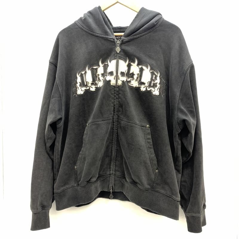 【中古】SUPPLIER Demon Skull Leather Patch Zip Hoodie サイズXL ブラック サプライヤー[92]